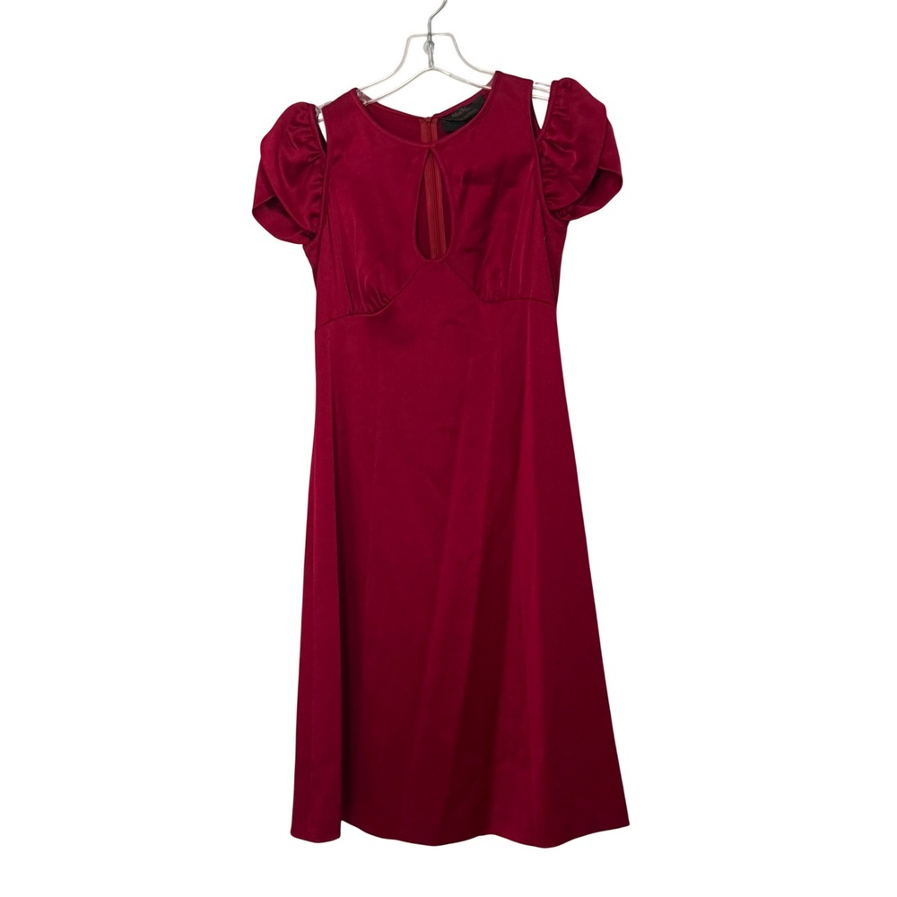 Max Mara Puff Sleeve Satin Mini Dress  Red Keyhole Empire Waist Babydoll - 2